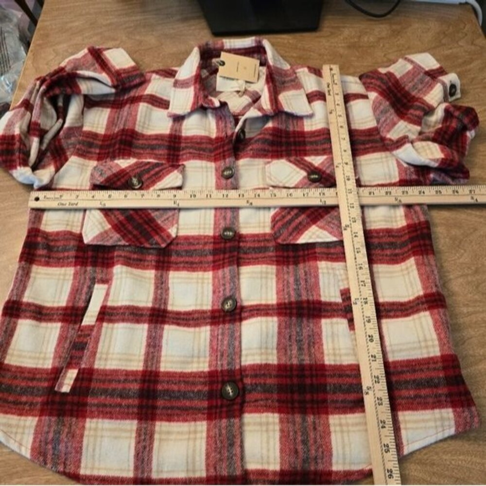 Active USA Wool Blend Shacket Tartan Plaid Flannel Red Ivory Multicolor Jacket L - Picture 12 of 13
